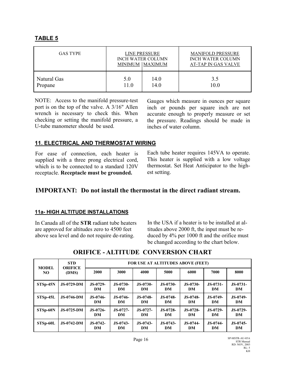 Important, Orifice - altitude conversion chart | Schwank STR-USA User Manual | Page 20 / 33