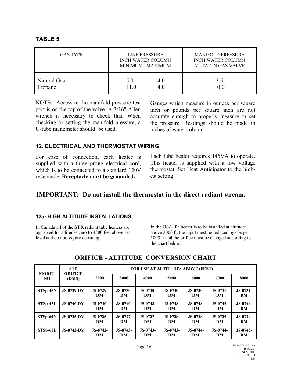 Important, Orifice - altitude conversion chart | Schwank STR-CANADA User Manual | Page 20 / 33