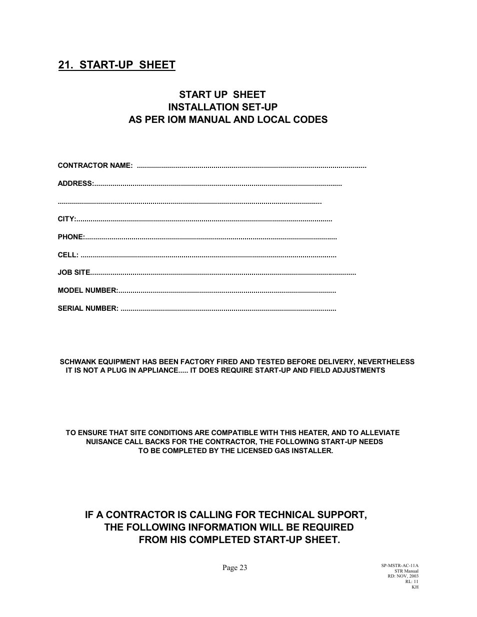 Start-up sheet | Schwank STR-CANADA User Manual | Page 27 / 33