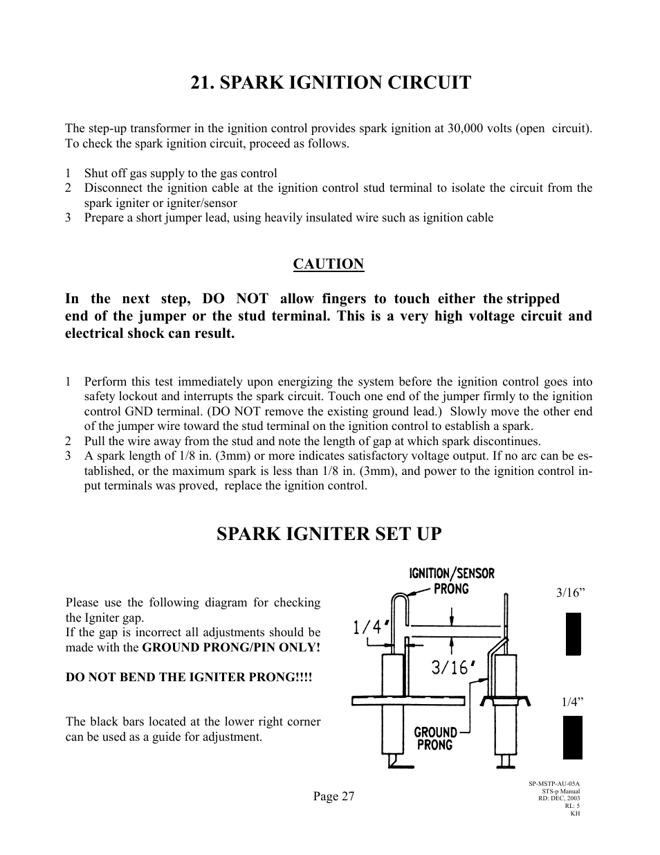 Spark ignition circuit, Spark igniter set up | Schwank STSp-USA User Manual | Page 31 / 39