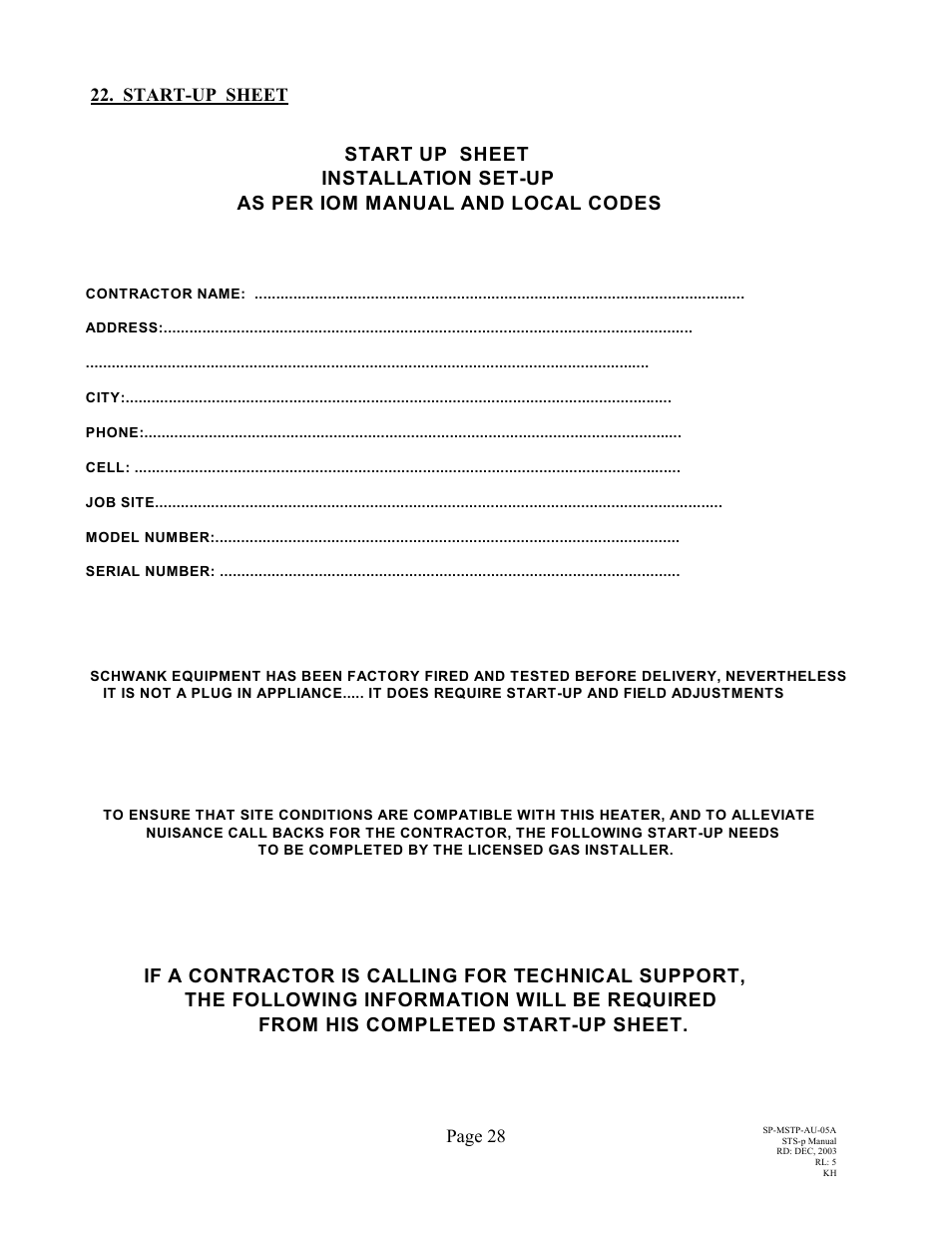 Start-up sheet page 28 | Schwank STSp-USA User Manual | Page 32 / 39
