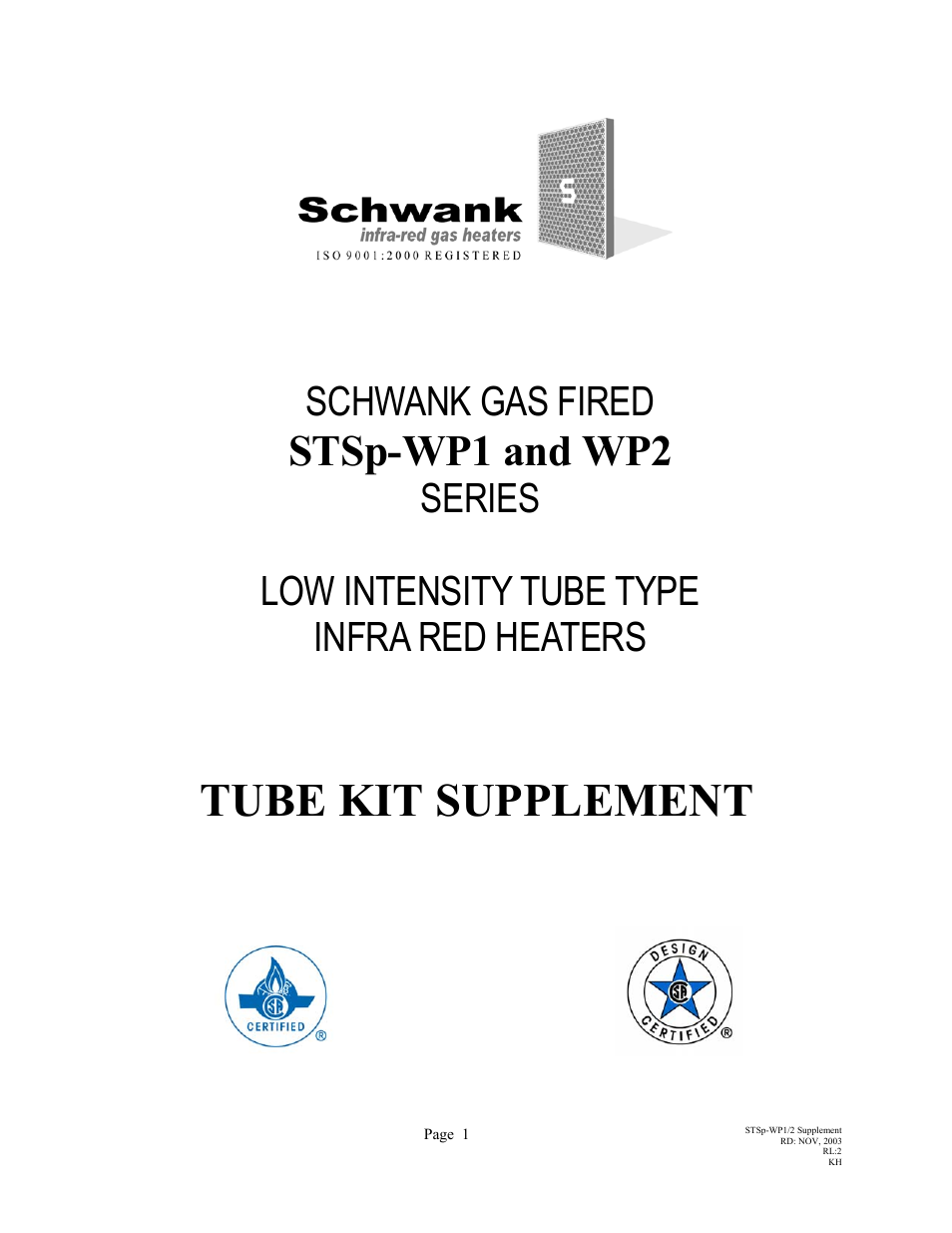 Tube kit supplement, Stsp-wp1 and wp2, Schwank gas fired | Series low intensity tube type infra red heaters | Schwank STSp-WP User Manual | Page 41 / 47