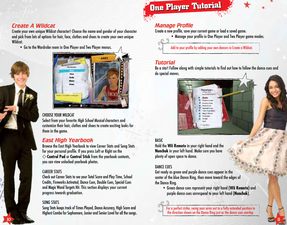 One player tutorial, Create a wildcat, East high yearbook | Manage profile, Tutorial | Disney Interactive Studios Nintendo Wii High School Musical 3: Senior Year DANCE! User Manual | Page 7 / 11