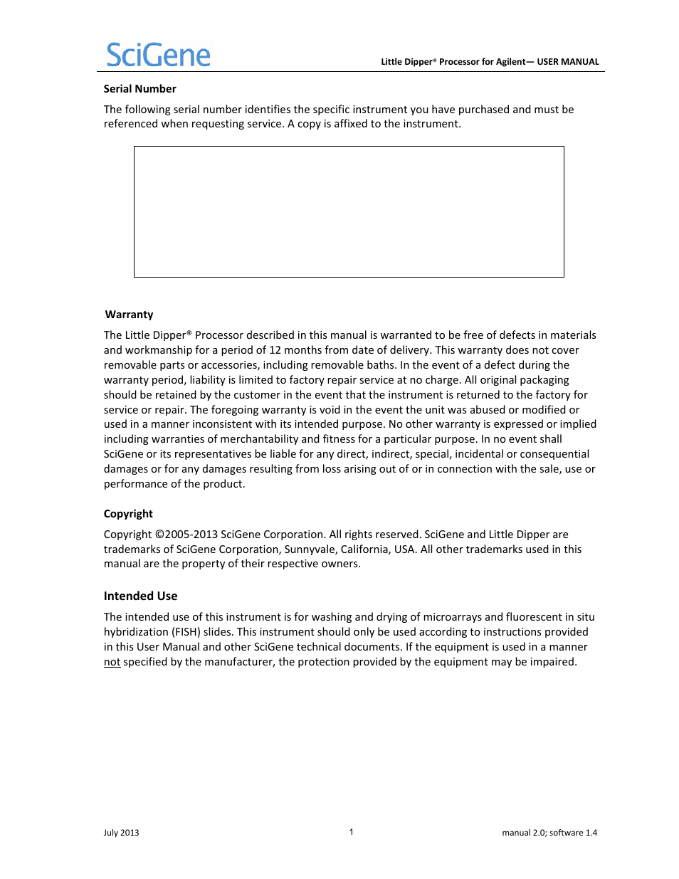 Intended use, Serial number, Warranty | SciGene Little Dipper Processor for Agilent User Manual | Page 2 / 26