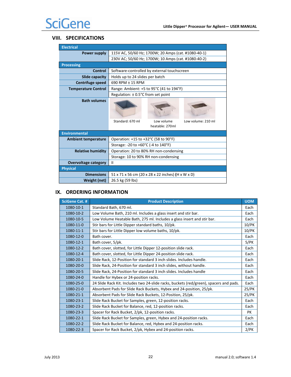 Viii. specifications, Ix. ordering information | SciGene Little Dipper Processor for Agilent User Manual | Page 23 / 26