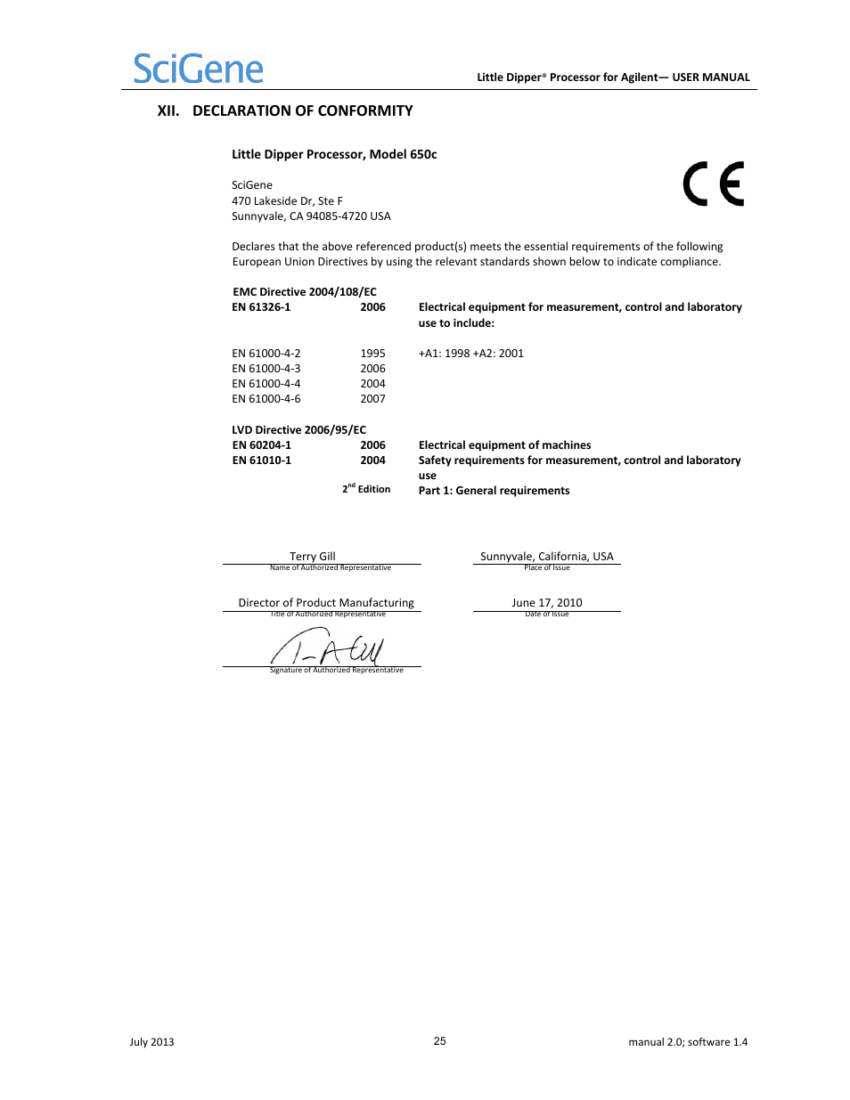Xii. declaration of conformity | SciGene Little Dipper Processor for Agilent User Manual | Page 26 / 26