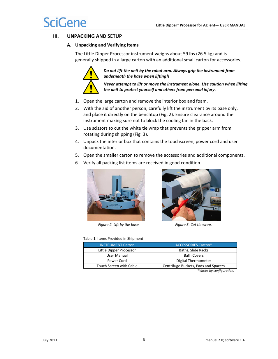 Iii. unpacking and setup | SciGene Little Dipper Processor for Agilent User Manual | Page 7 / 26