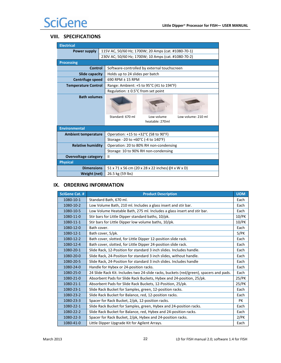 Viii. specifications, Ix. ordering information | SciGene Little Dipper Processor for FISH User Manual | Page 23 / 26