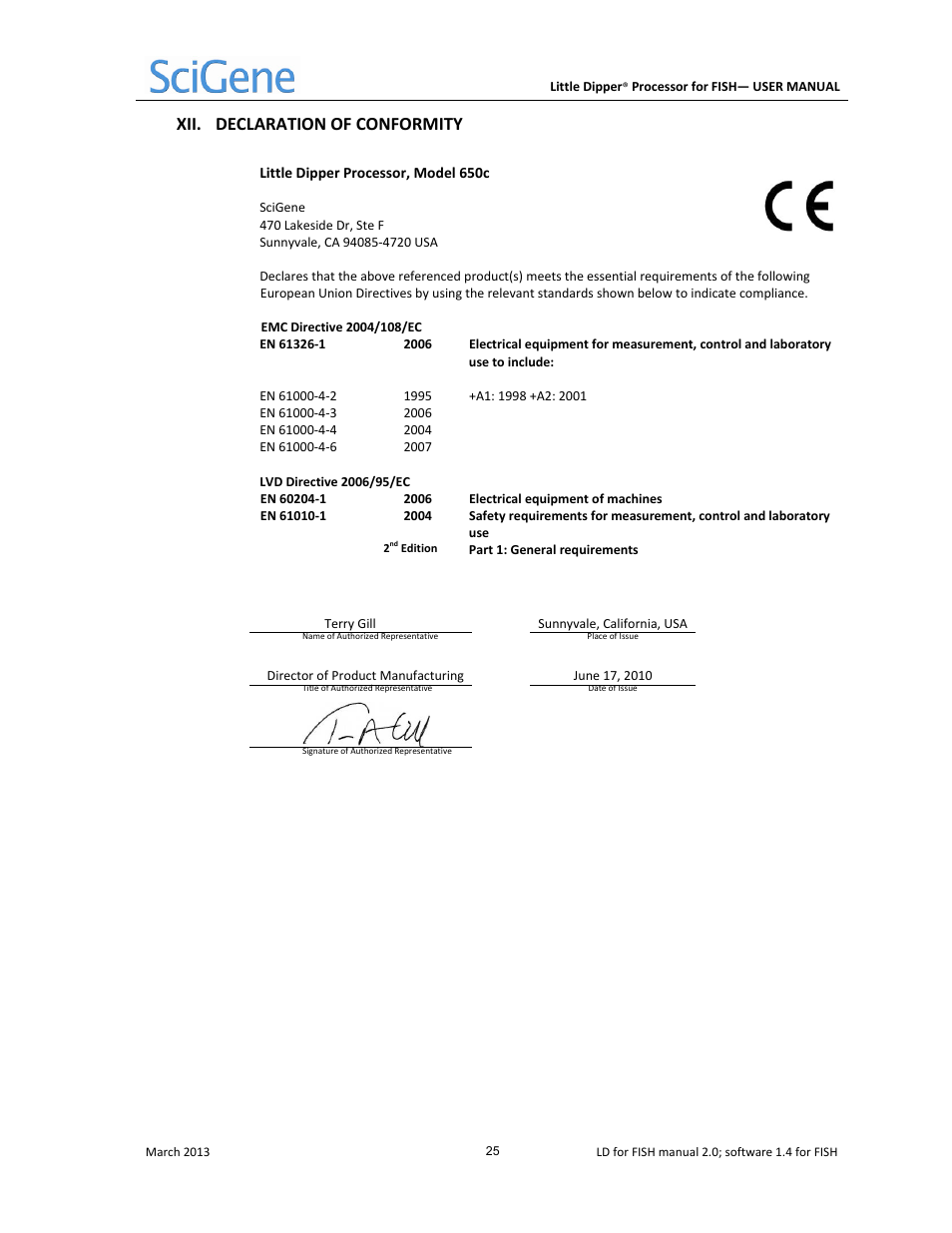 Xii. declaration of conformity | SciGene Little Dipper Processor for FISH User Manual | Page 26 / 26