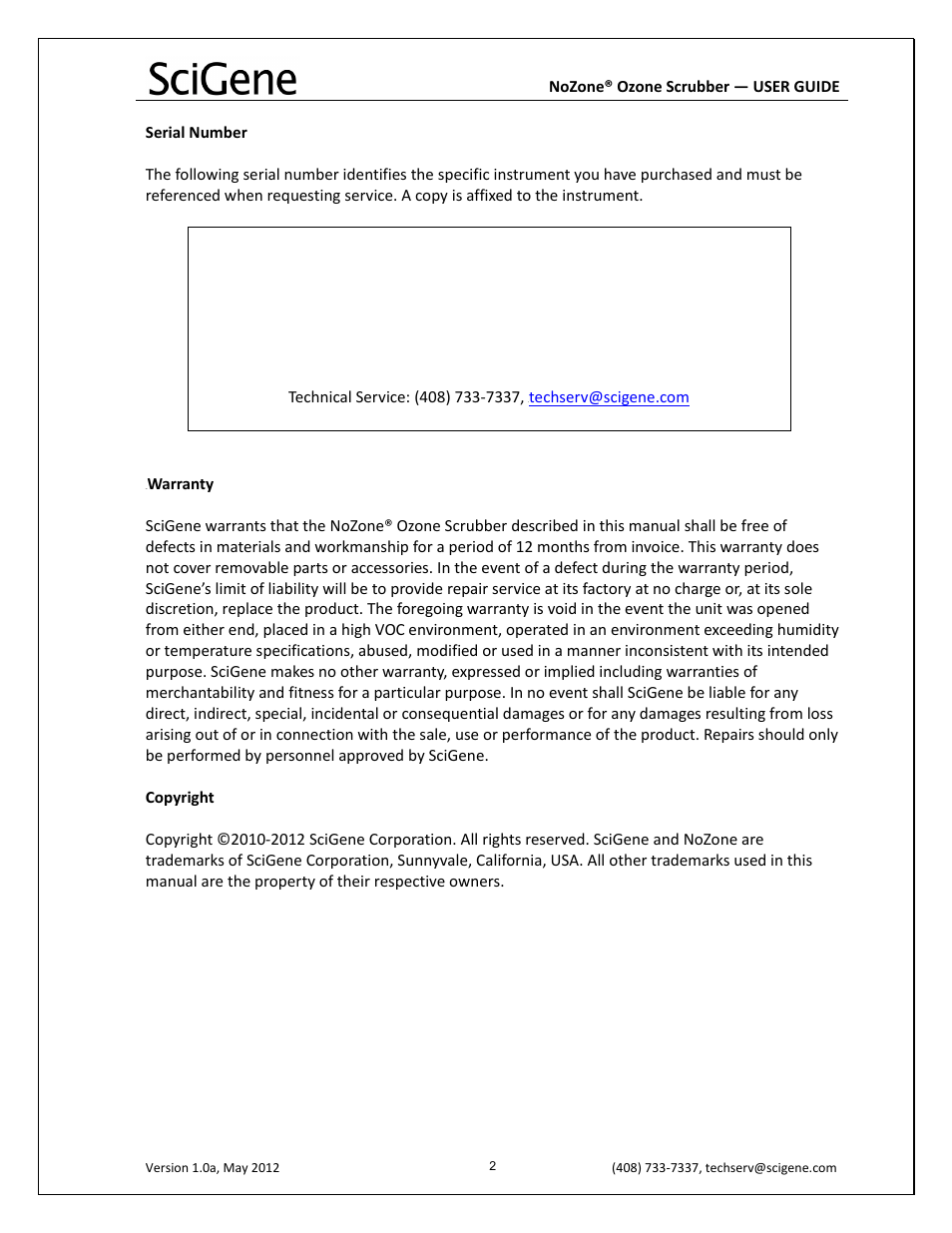 SciGene NoZone Ozone Scrubber User Manual | Page 3 / 10