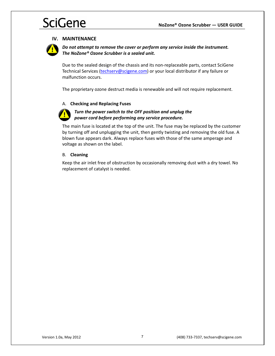 Iv. maintenance | SciGene NoZone Ozone Scrubber User Manual | Page 8 / 10