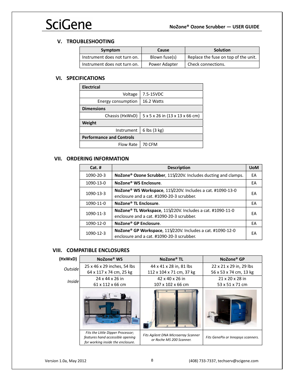 V. troubleshooting, Vi. specifications, Vii. ordering information | Viii. compatible enclosures | SciGene NoZone Ozone Scrubber User Manual | Page 9 / 10