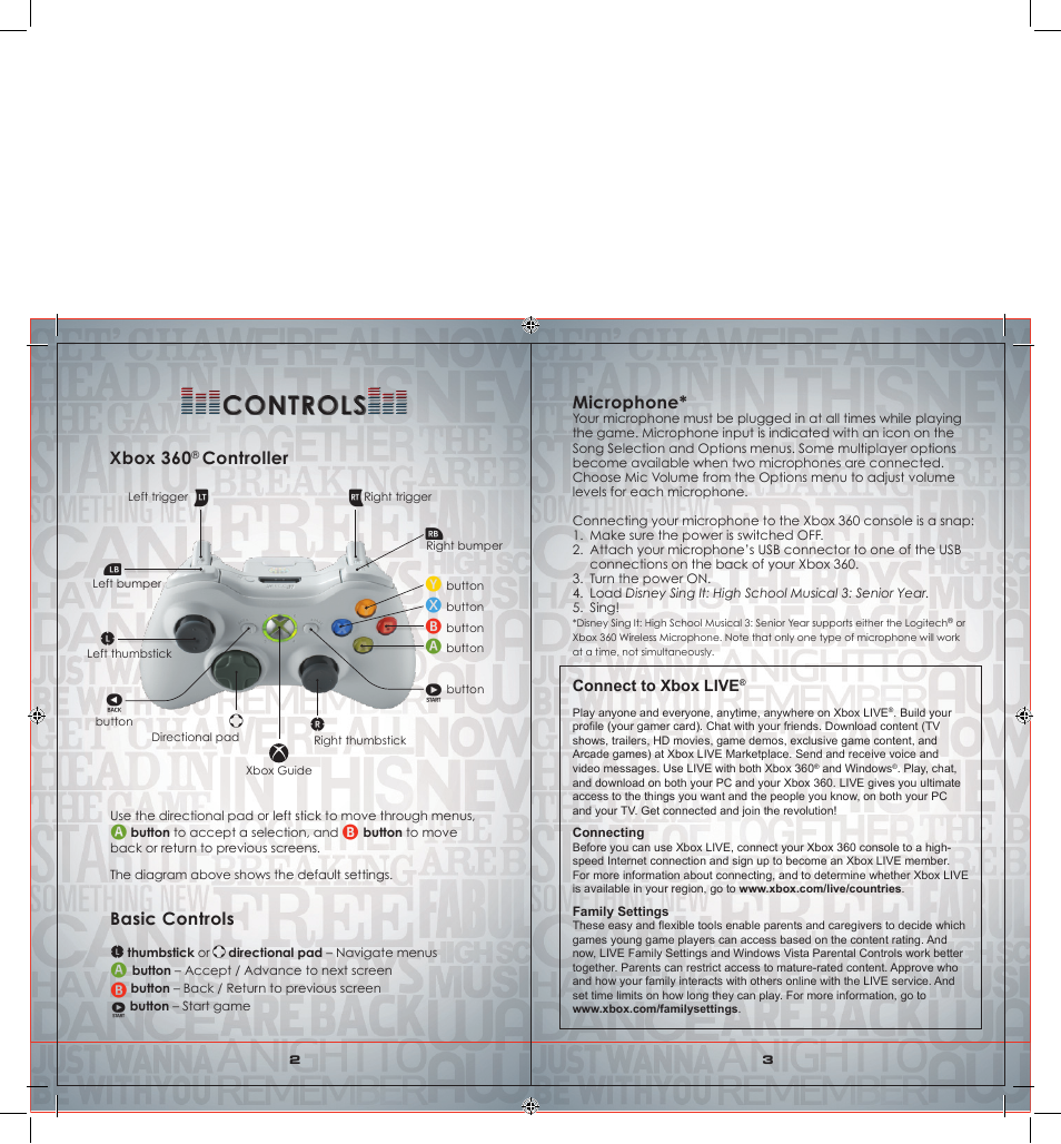 Controls controls | Disney Interactive Studios Disney Sing It: High School Musical 3: Senior Year User Manual | Page 3 / 6