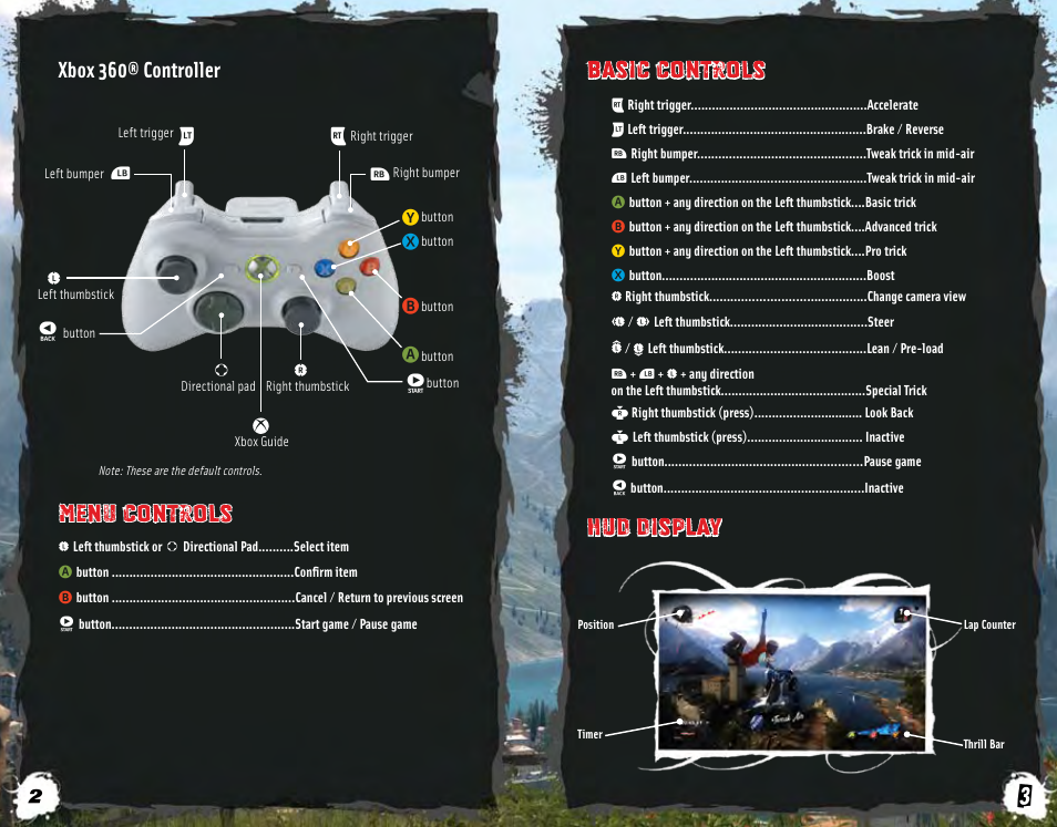 Basic controls menu controls hud display, Xbox 360® controller | Disney Interactive Studios Pure for Xbox 360 User Manual | Page 3 / 5