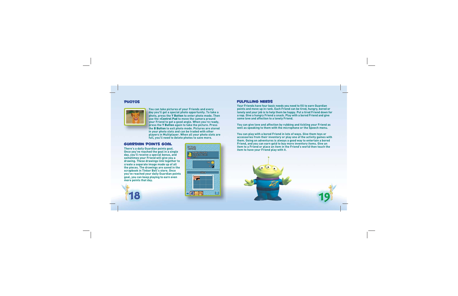 Photos, Guardian points goal, Fulfilling needs | Disney Interactive Studios Friends for Nintendo DS User Manual | Page 12 / 17