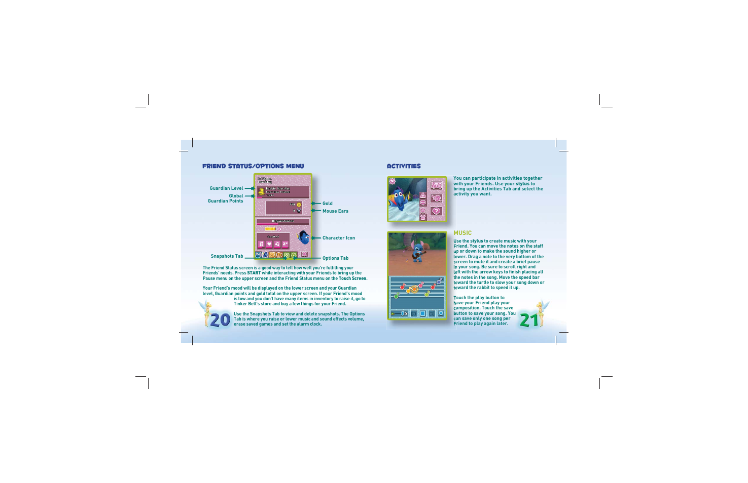 Friend status/options menu, Activities | Disney Interactive Studios Friends for Nintendo DS User Manual | Page 13 / 17