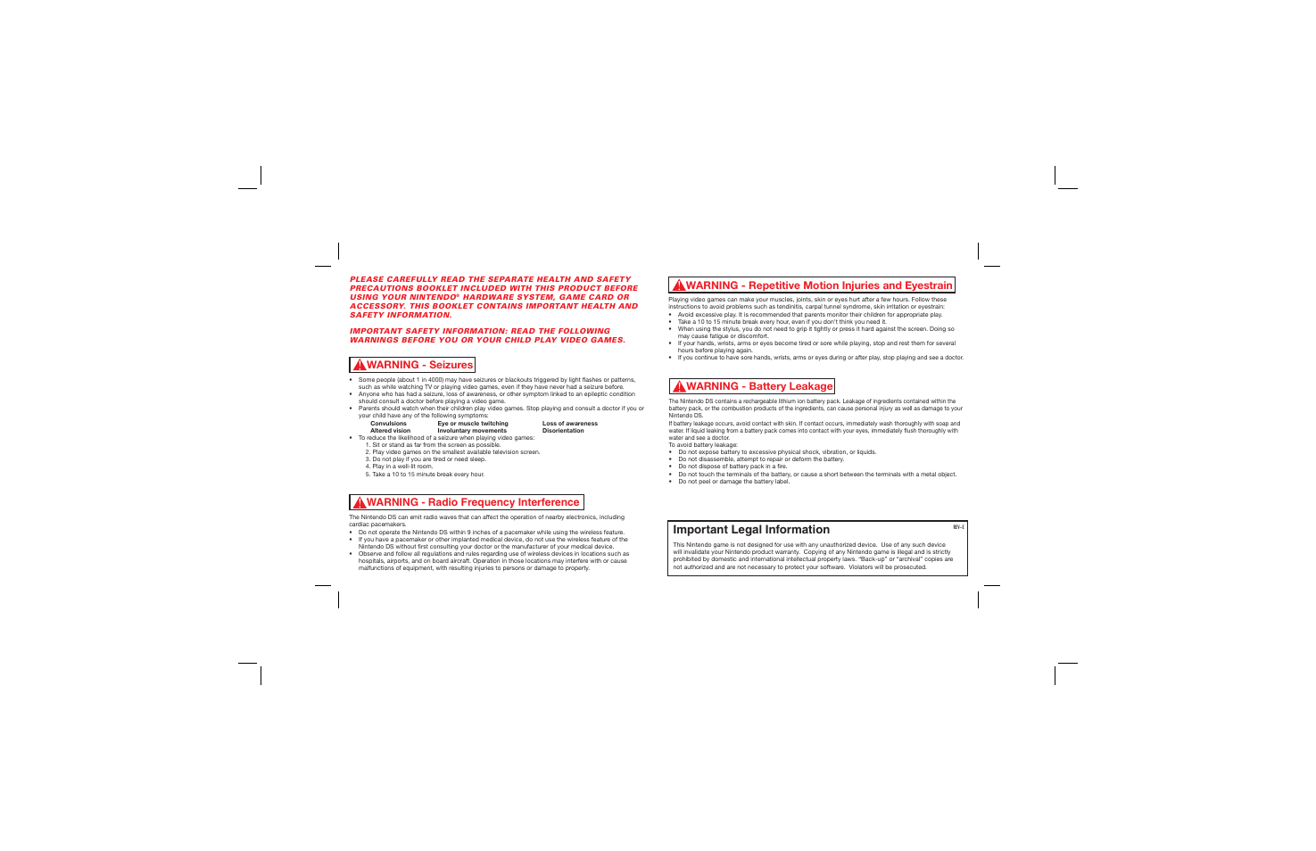 Important legal information, Warning - repetitive motion injuries and eyestrain, Warning - seizures | Disney Interactive Studios Friends for Nintendo DS User Manual | Page 2 / 17