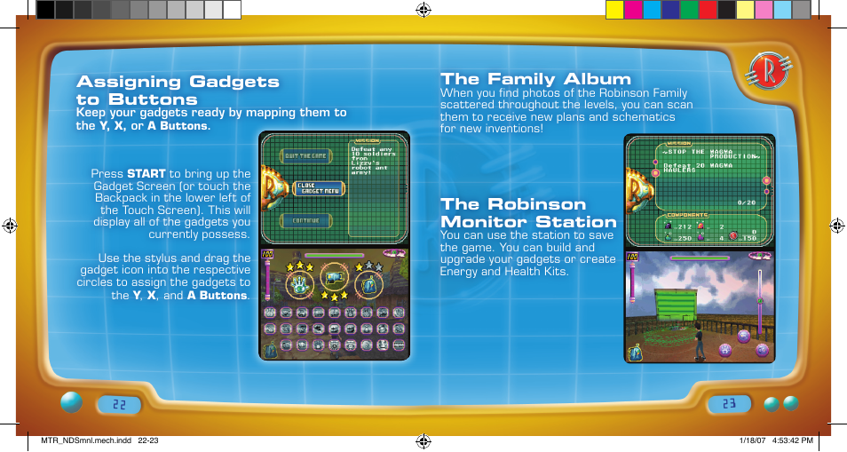 The family album, The robinson monitor station, Assigning gadgets to buttons | Disney Interactive Studios Meet the Robinsons: Robinson Industries for Nintendo DS User Manual | Page 12 / 14