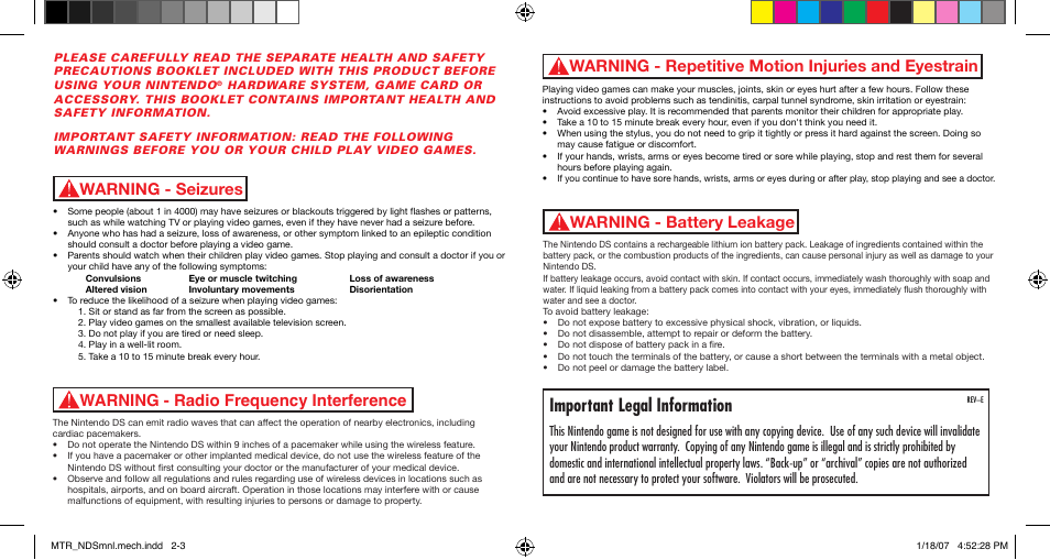 Important legal information, Warning - repetitive motion injuries and eyestrain, Warning - seizures | Disney Interactive Studios Meet the Robinsons: Robinson Industries for Nintendo DS User Manual | Page 2 / 14