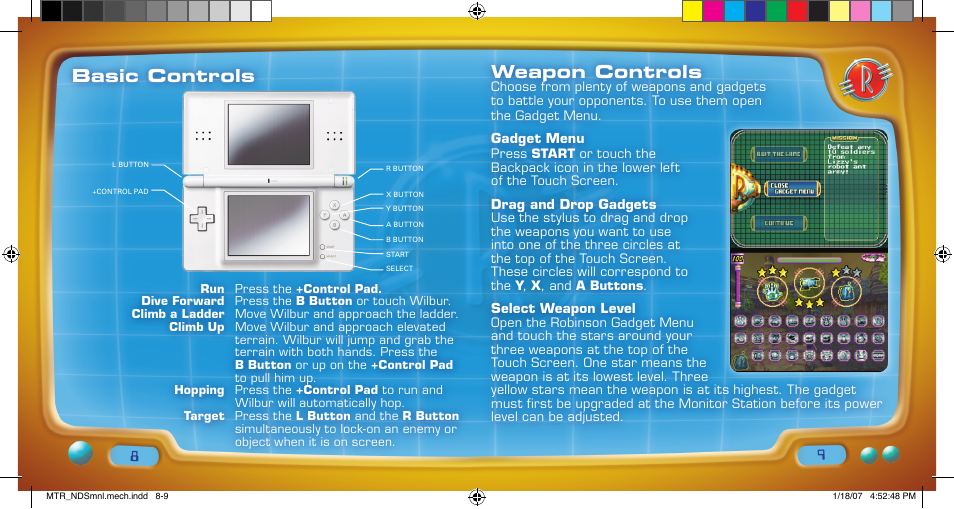 Basic controls, Weapon controls | Disney Interactive Studios Meet the Robinsons: Robinson Industries for Nintendo DS User Manual | Page 5 / 14