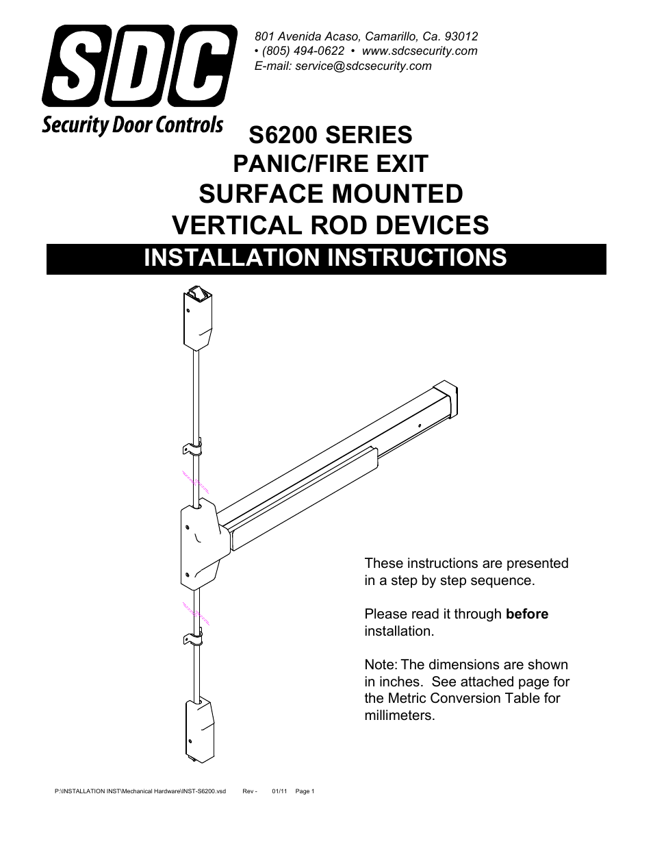 Surface mounted vertical rod devices, Installation instructions, S6200 series panic/fire exit | SDC S6100 SERIES REVERSIBLE PANIC/FIRE EXIT User Manual | Page 5 / 23