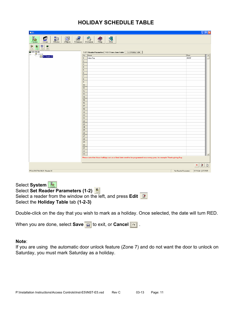 Holiday schedule table | SDC E5 Series Access Control System User Manual | Page 14 / 30