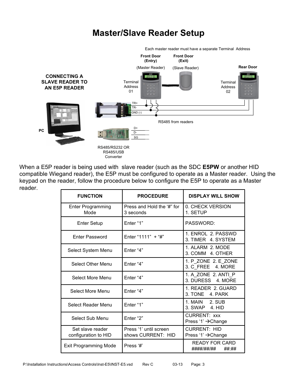 Master/slave reader setup | SDC E5 Series Access Control System User Manual | Page 4 / 30