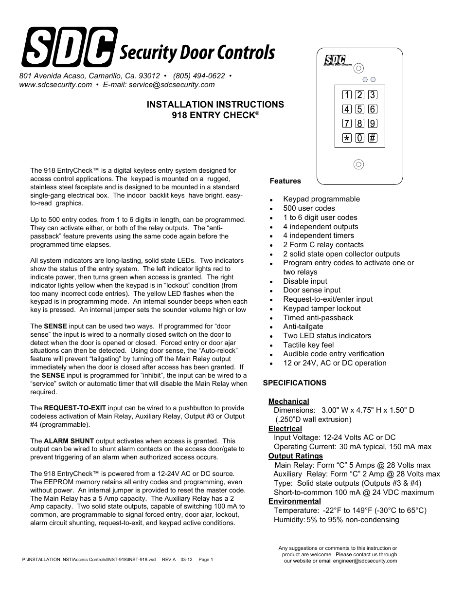 SDC 918 EntryCheck User Manual | 6 pages