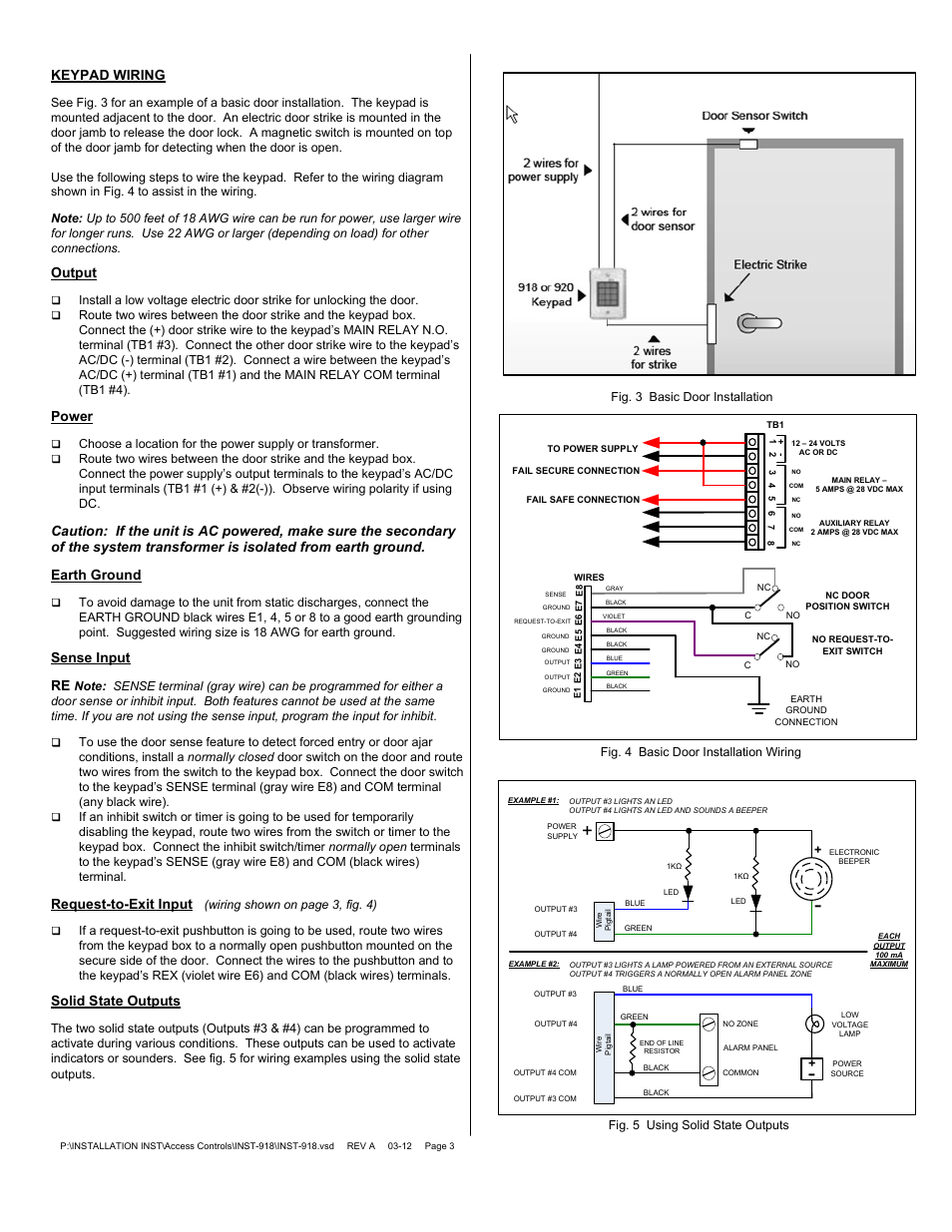 Keypad wiring, Output, Power | Sense input re, Request-to-exit input, Solid state outputs | SDC 918 EntryCheck User Manual | Page 3 / 6