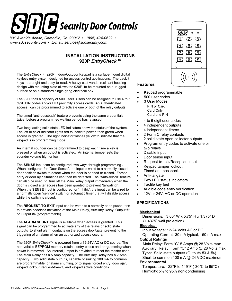 SDC 920P EntryCheck User Manual | 8 pages