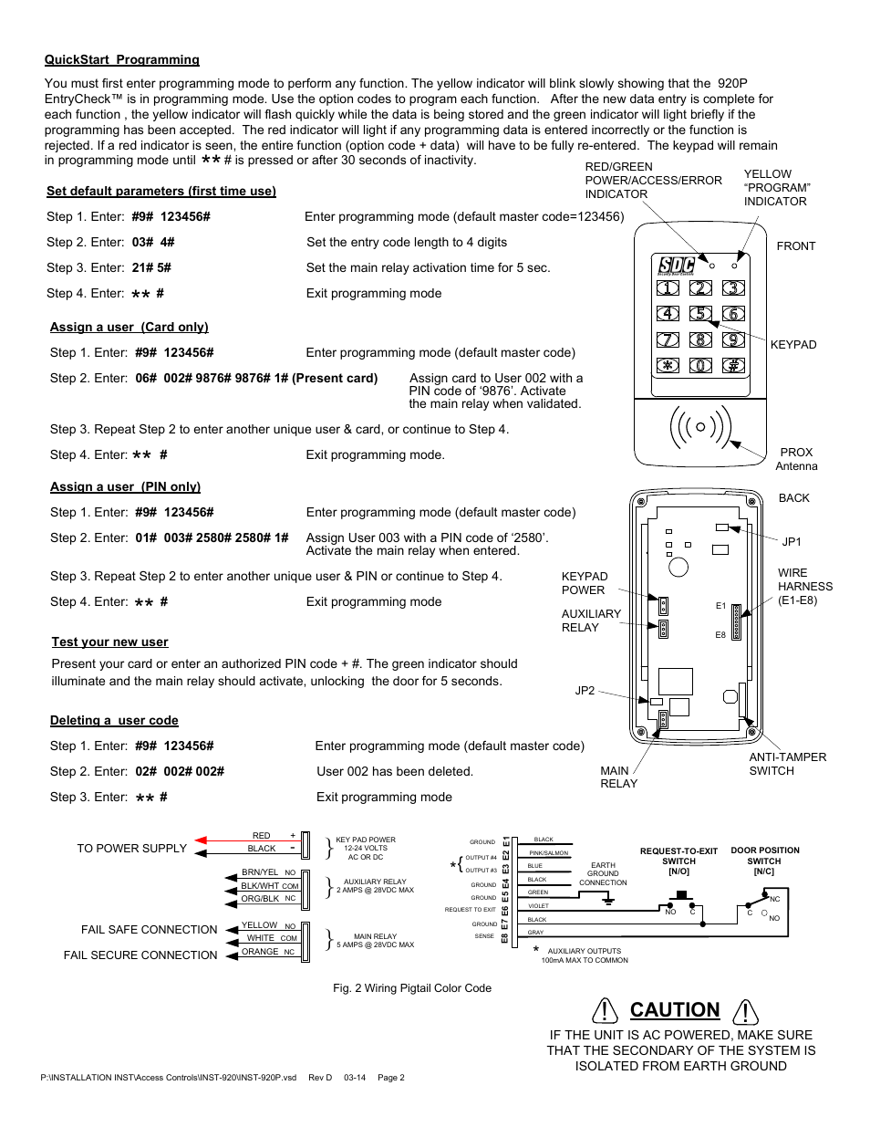 Caution | SDC 920P EntryCheck User Manual | Page 2 / 8