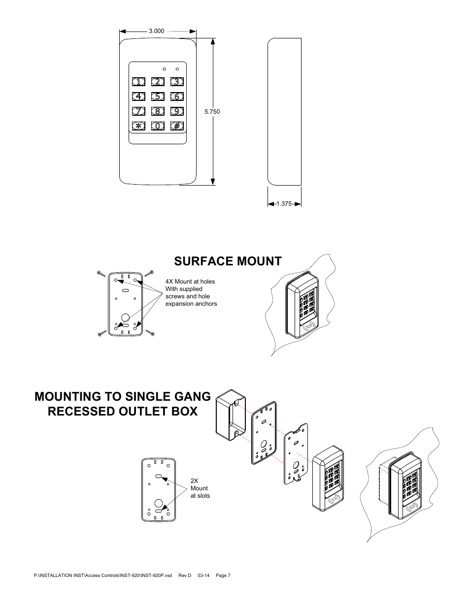 Mounting to single gang recessed outlet box, Surface mount | SDC 920P EntryCheck User Manual | Page 7 / 8