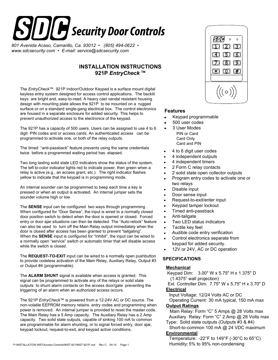 SDC 921P EntryCheck User Manual | 9 pages