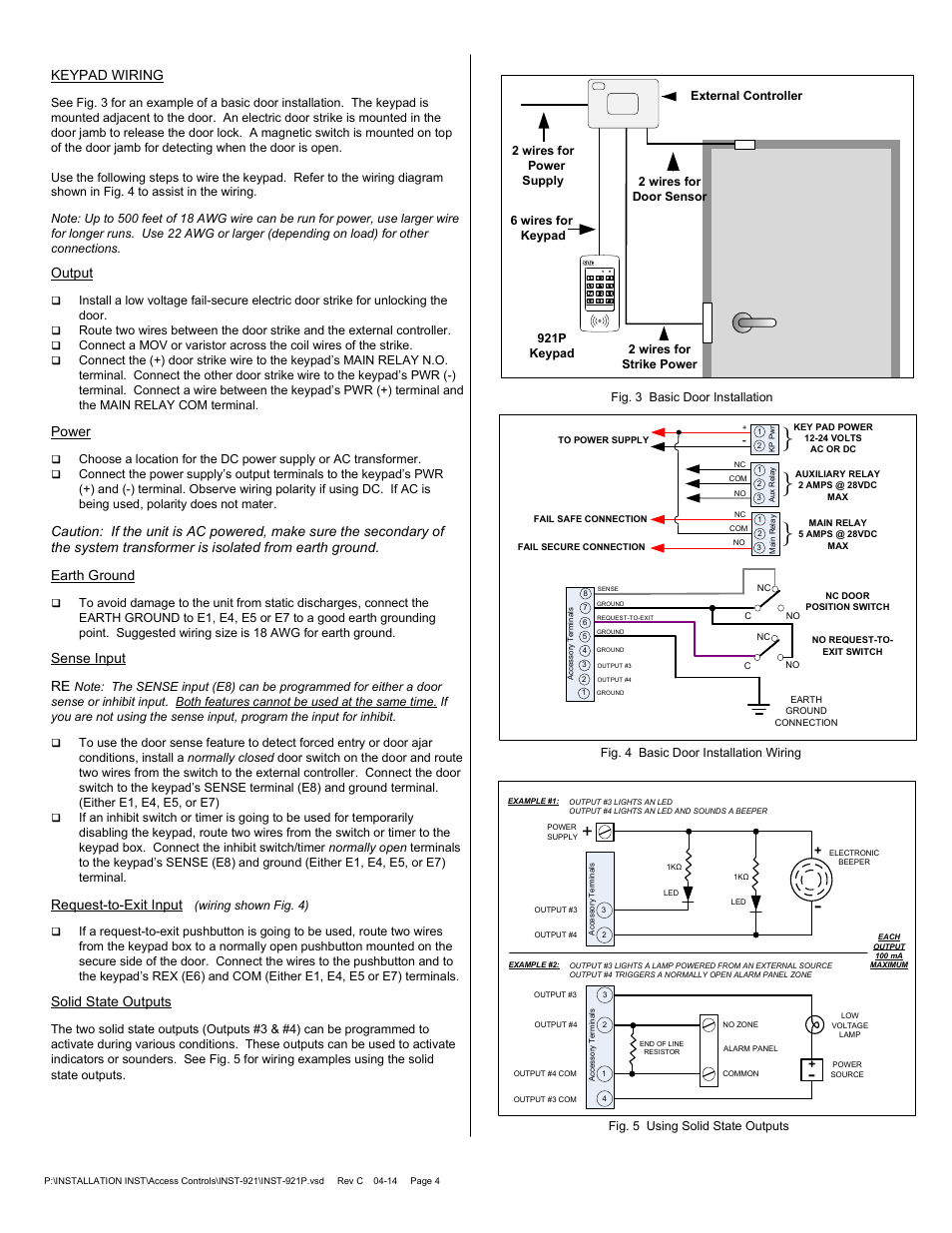 Keypad wiring, Output, Power | Sense input re, Request-to-exit input, Solid state outputs | SDC 921P EntryCheck User Manual | Page 4 / 9