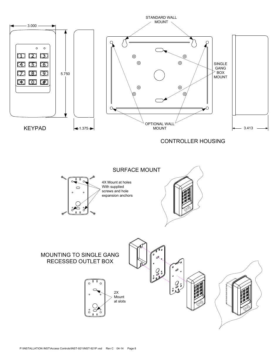 Mounting to single gang recessed outlet box, Surface mount, Controller housing | Keypad | SDC 921P EntryCheck User Manual | Page 8 / 9