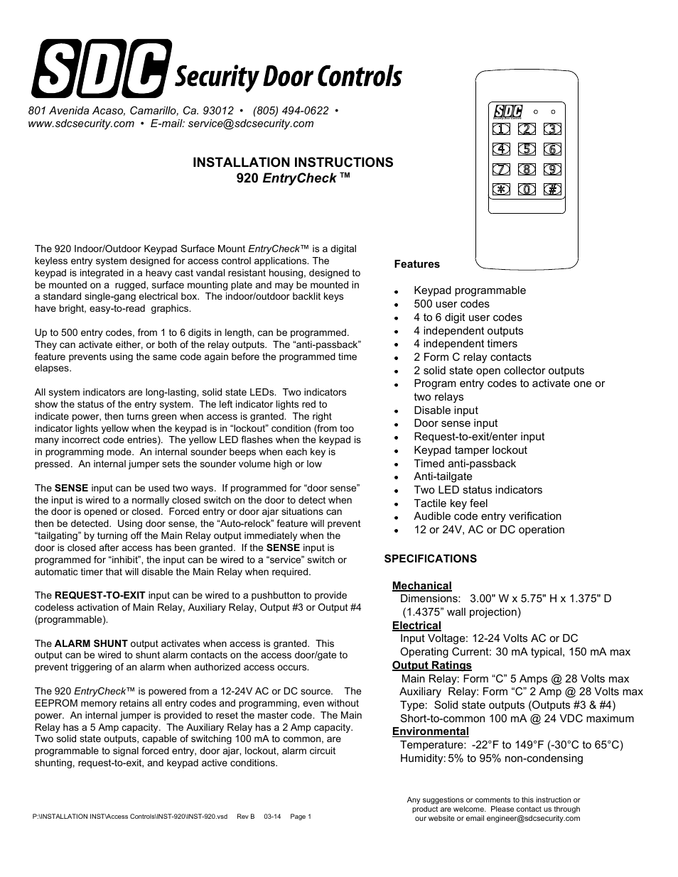 SDC 920 EntryCheck User Manual | 8 pages