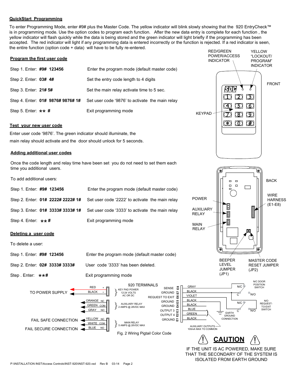 Caution | SDC 920 EntryCheck User Manual | Page 2 / 8