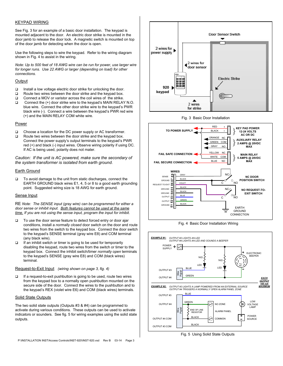 Keypad wiring, Output, Power | Sense input re, Request-to-exit input, Solid state outputs | SDC 920 EntryCheck User Manual | Page 3 / 8