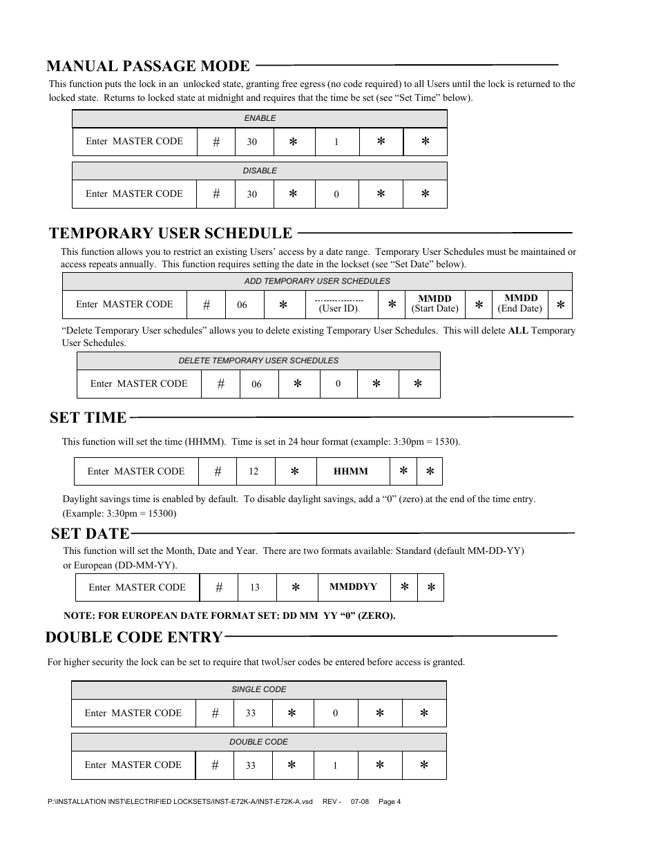 Set date, Manual passage mode, Double code entry | Temporary user schedule, Set time | SDC E72K-A CIVIC SERIES 160 User Electronic Digital Door Lock User Manual | Page 4 / 7