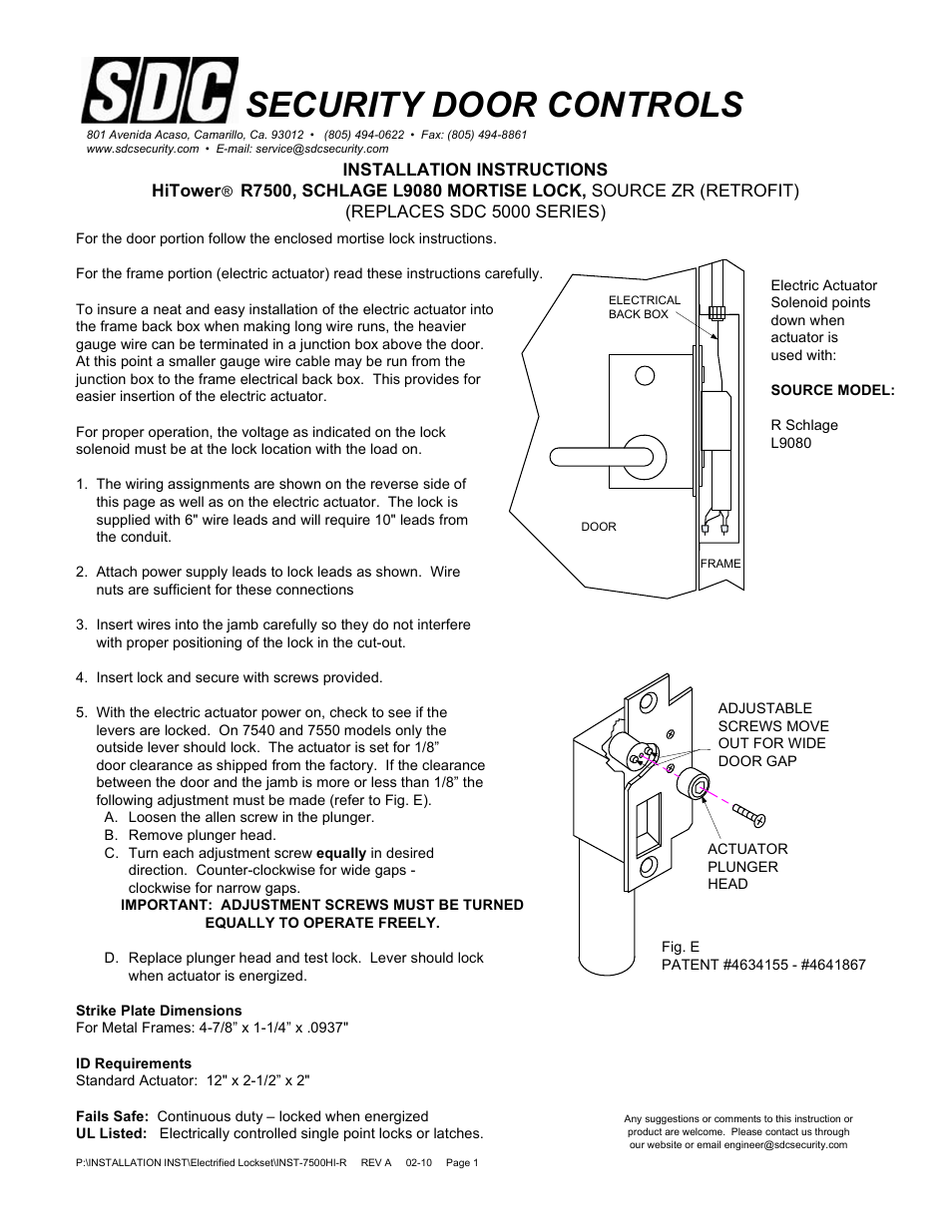 SDC R7500 HiTower SCHLAGE L9080 MORTISE LOCK User Manual | 2 pages