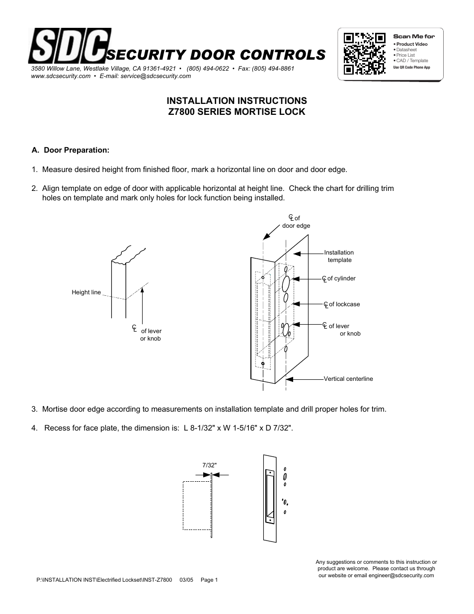 SDC Z7800 SERIES MORTISE LOCK User Manual | 7 pages