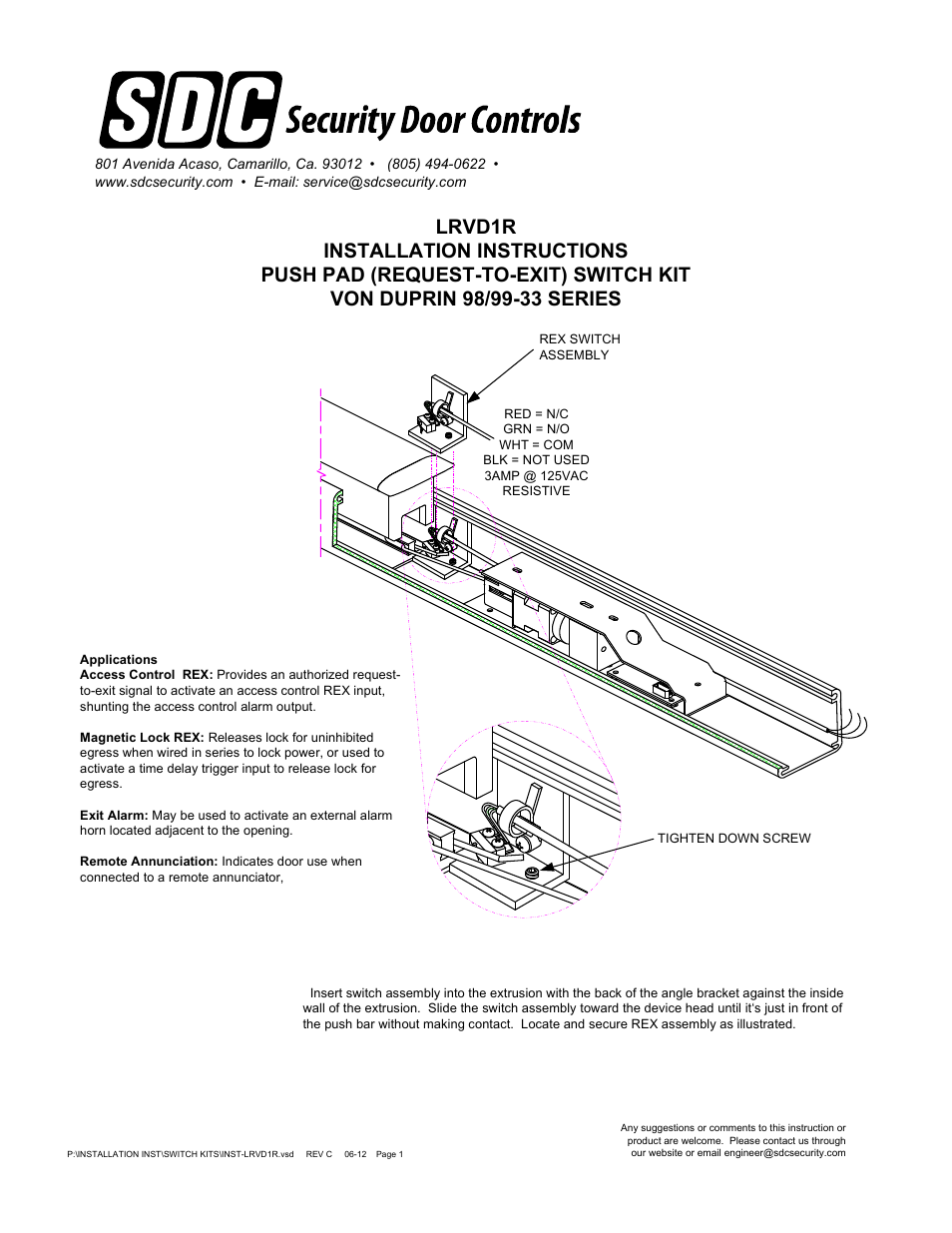 SDC LRVD1R PUSH PAD (REQUEST-TO-EXIT) SWITCH KIT VON DUPRIN 98/99-33 SERIES User Manual | 1 page