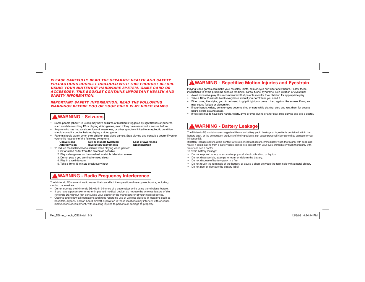 Warning - repetitive motion injuries and eyestrain, Warning - seizures | Disney Interactive Studios Meteos: Disney Magic User Manual | Page 2 / 13