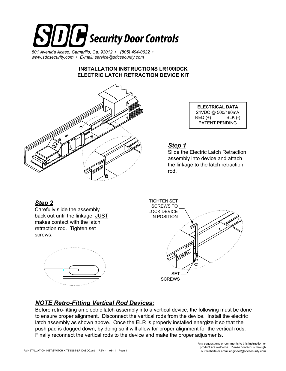 SDC LR100IDCK ELECTRIC LATCH RETRACTION DEVICE KIT User Manual | 1 page