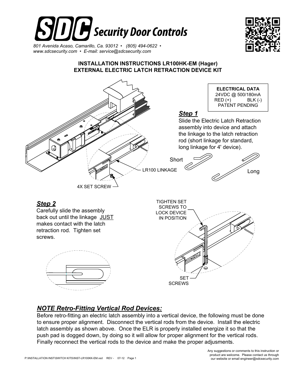 SDC LR100HK-EM (Hager) EXTERNAL ELECTRIC LATCH RETRACTION DEVICE KIT User Manual | 2 pages