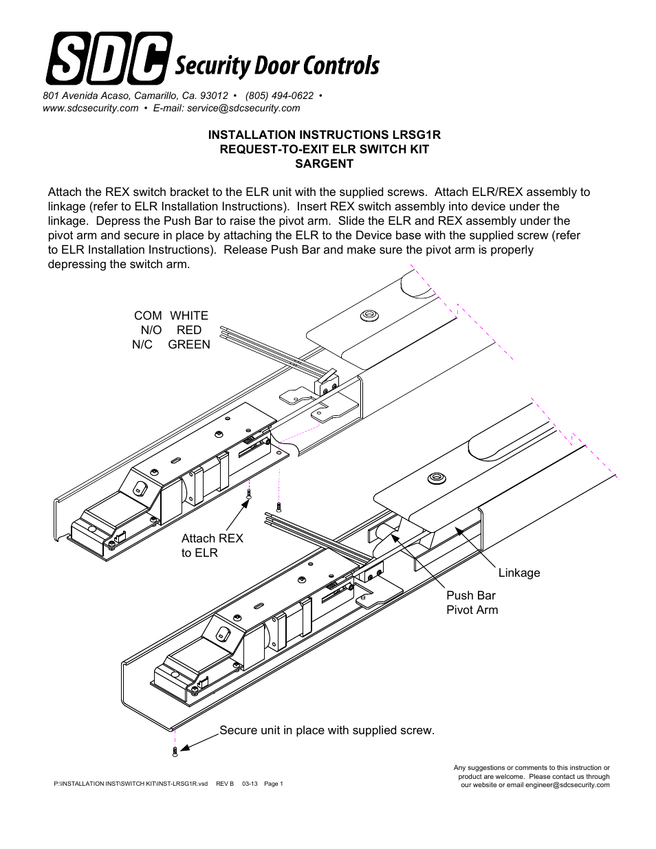 SDC LRSG1R REQUEST-TO-EXIT ELR SWITCH KIT SARGENT User Manual | 1 page