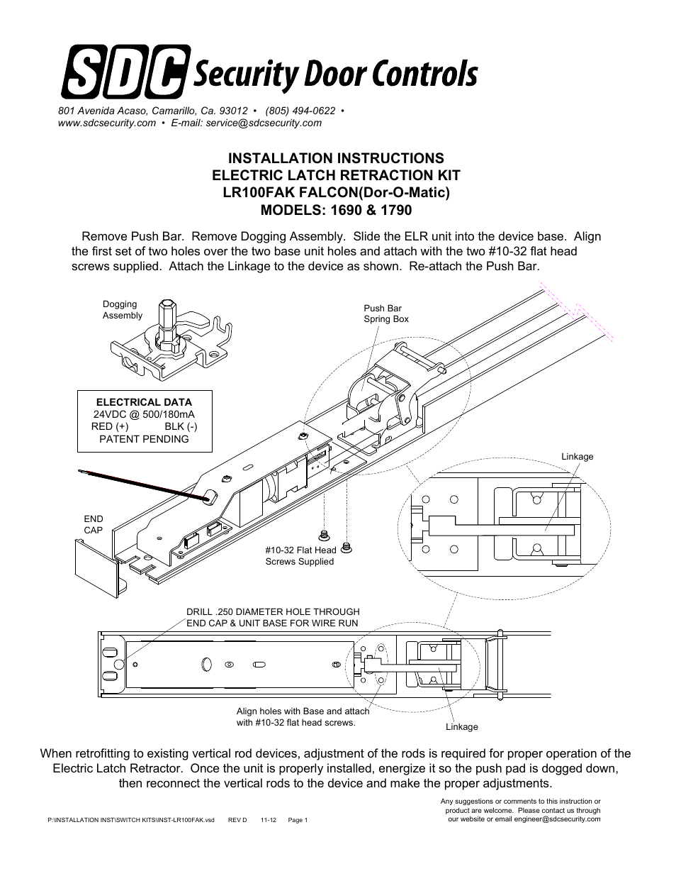 SDC LR100FAK FALCON(Dor-O-Matic) ELECTRIC LATCH RETRACTION KIT 1790 User Manual | 1 page