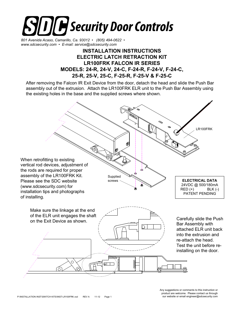 SDC LR100FRK FALCON IR SERIES ELECTRIC LATCH RETRACTION KIT F-25-R, F-25-V, F-25-C User Manual | 1 page