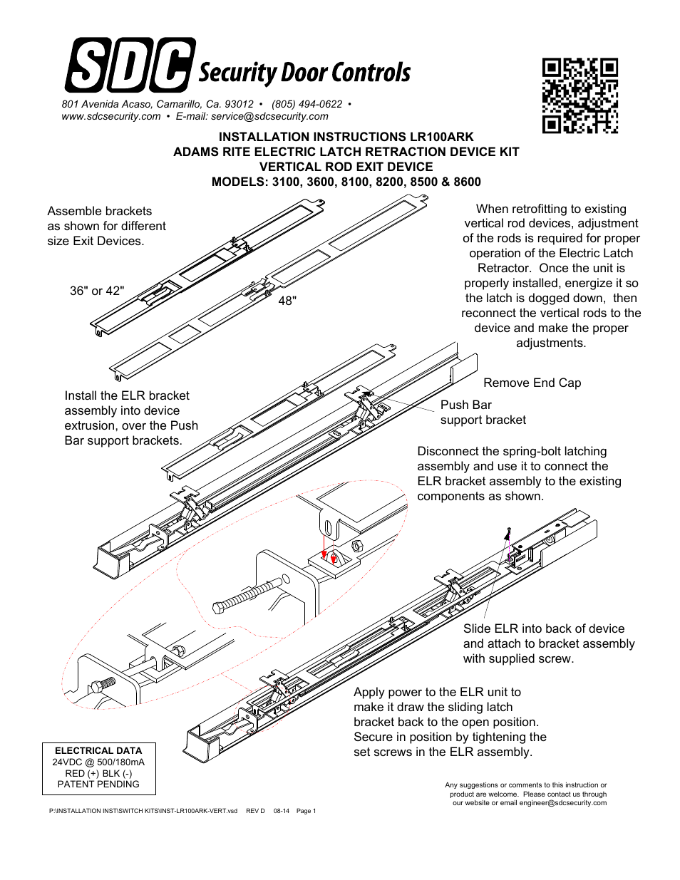 SDC LR100ARK ADAMS RITE ELECTRIC LATCH RETRACTION DEVICE KIT VERTICAL ROD EXIT DEVICE 8600 User Manual | 1 page