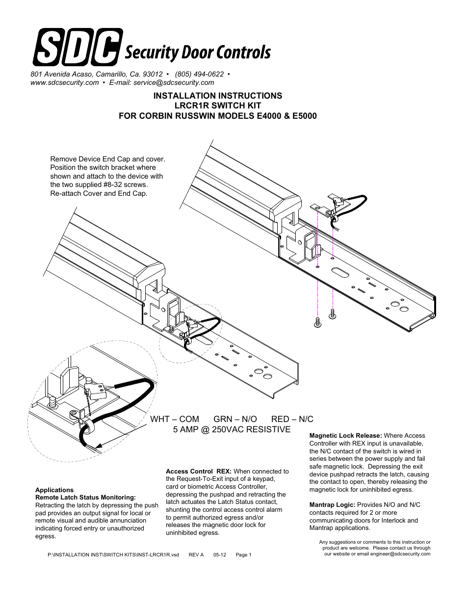 SDC LRCR1R SWITCH KIT FOR CORBIN RUSSWIN E4000, E5000 User Manual | 1 page